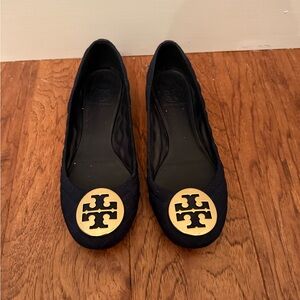 Tory Burch Dark Blue Quilted Loafers with Gold Emblem - Size 8